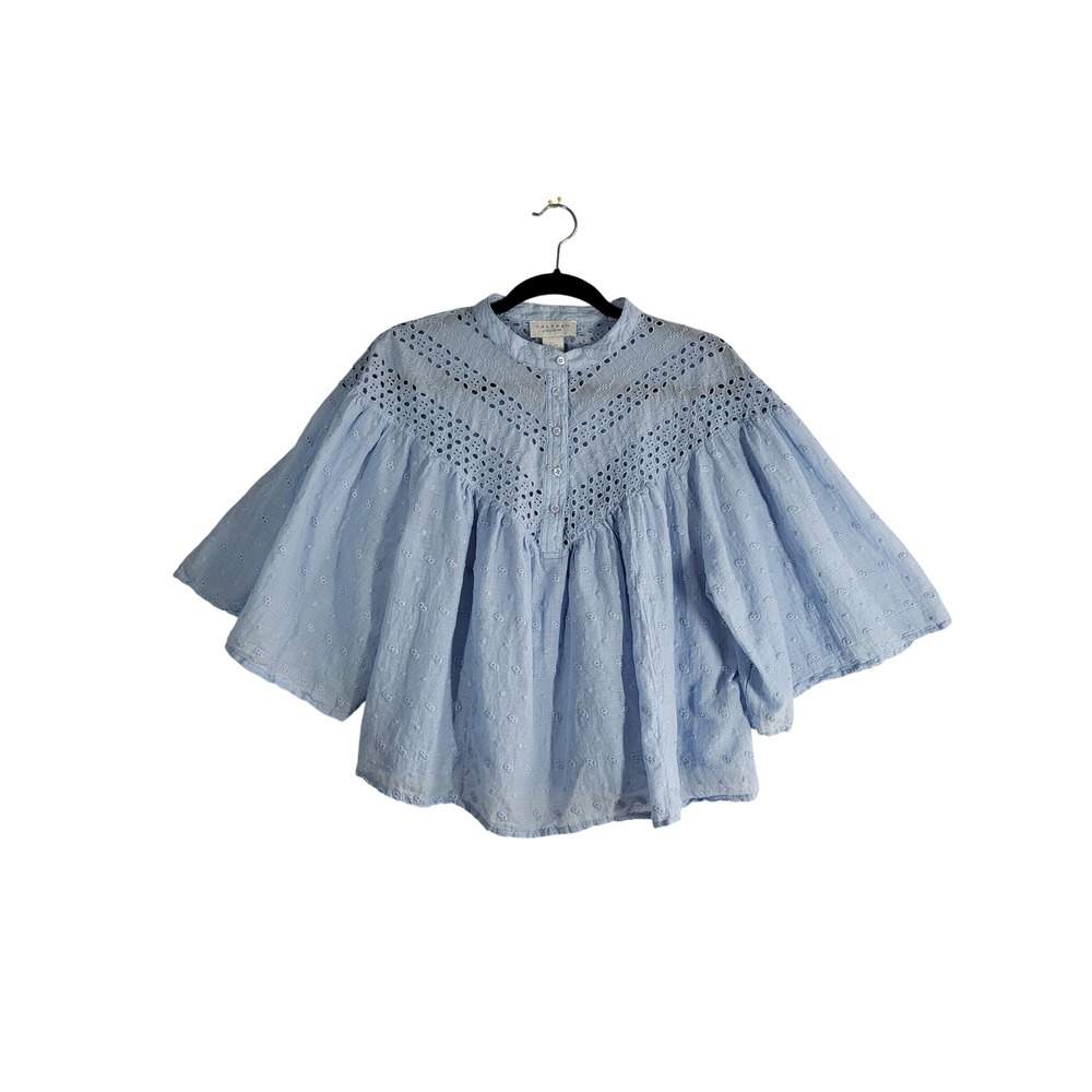 Calypso St Barth Swiss Dot Embroidered Blue Eyelet Lace Cotton Blouse Large Boho - Picture 12 of 13